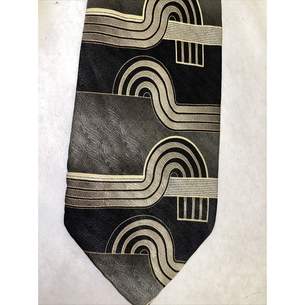 DiMoggio Mens Necktie Tie  Black Gray Gold Cream Geometric Silk Hand Made Vintge